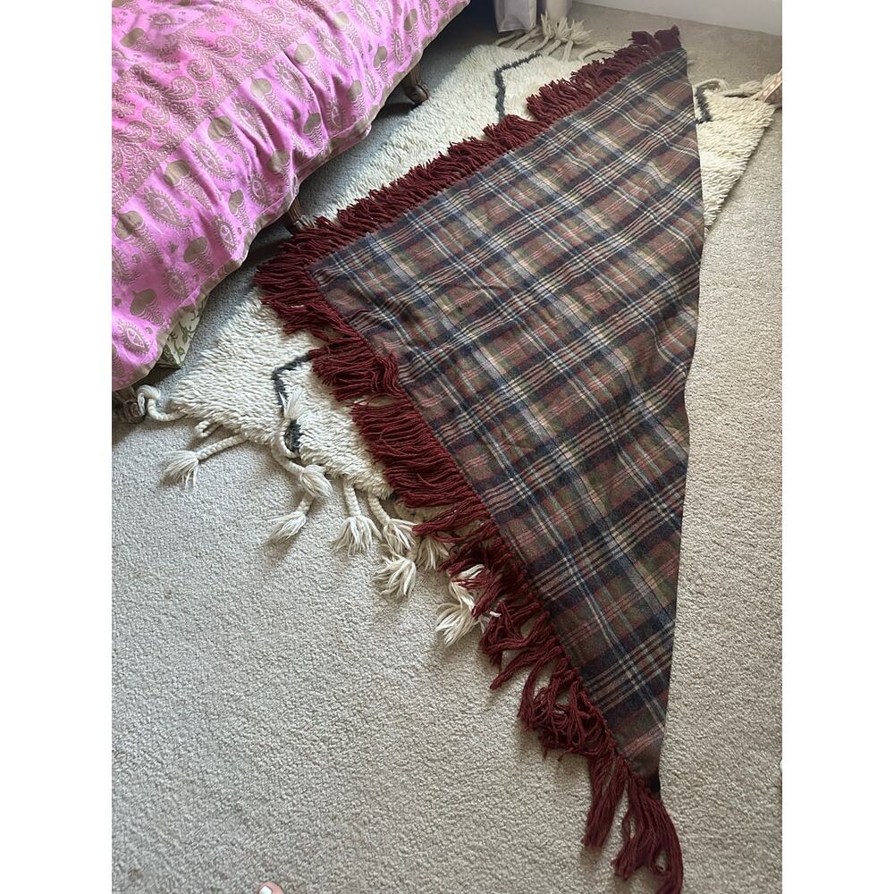 Vintage Plaid Wool Shaw Fringe Triangle brown rust gray olive green 82”x82” - Picture 12 of 16